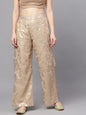 Women's  Beige & Gold-Toned Self Design Wide Leg Palazzos
