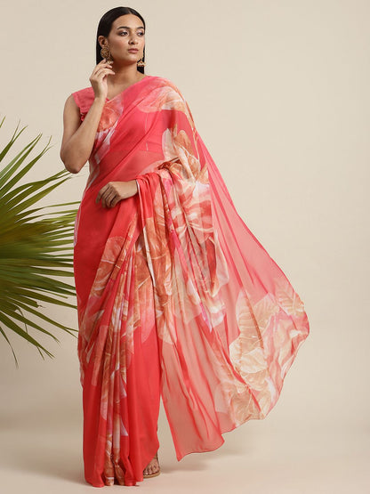Women's Pink Colour Chiffon Digital Print Floral Saree
