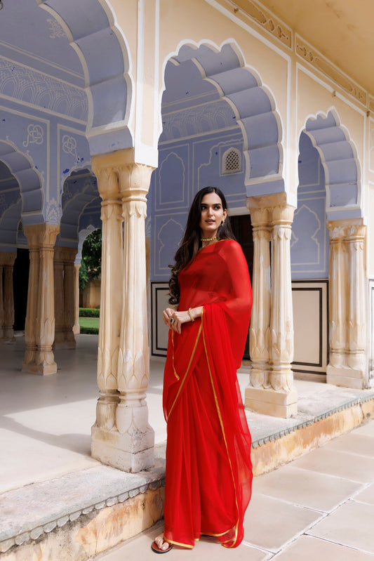 Women's Red Hand Dyed Chiffon Saree With Jacquard Blouse