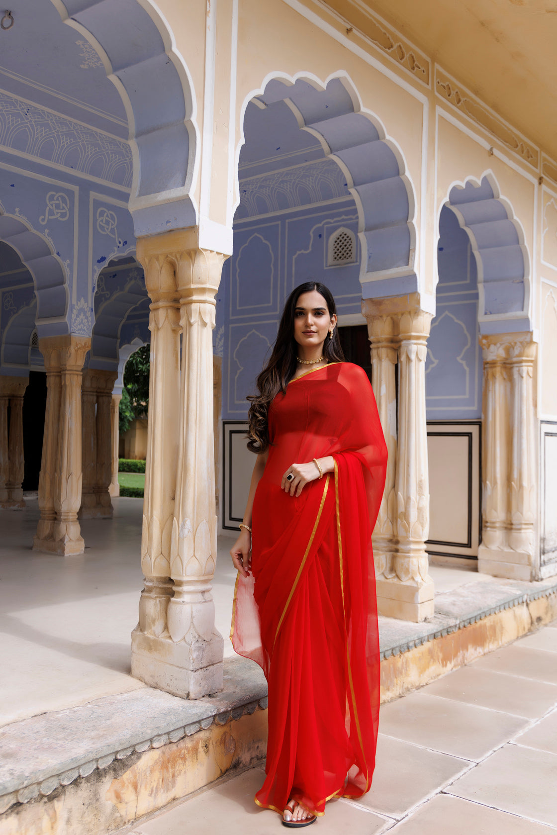 Women's Red Hand Dyed Chiffon Saree With Jacquard Blouse
