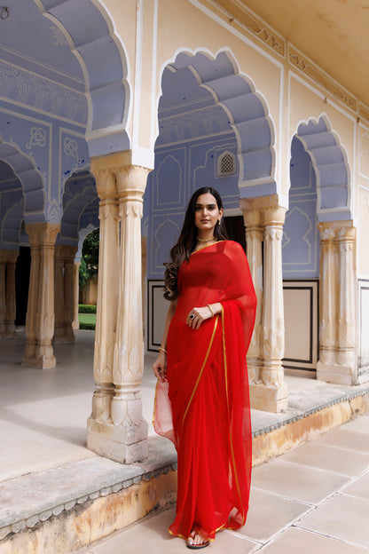 Women's Red Hand Dyed Chiffon Saree With Jacquard Blouse