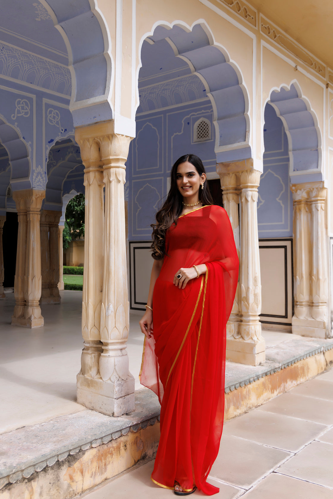Women's Red Hand Dyed Chiffon Saree With Jacquard Blouse