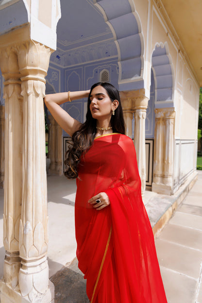 Women's Red Hand Dyed Chiffon Saree With Jacquard Blouse