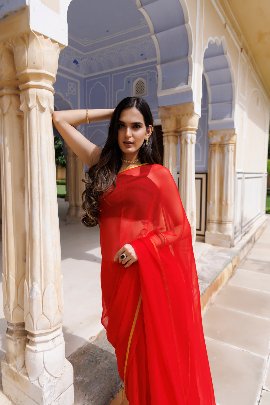 Women's Red Hand Dyed Chiffon Saree With Jacquard Blouse