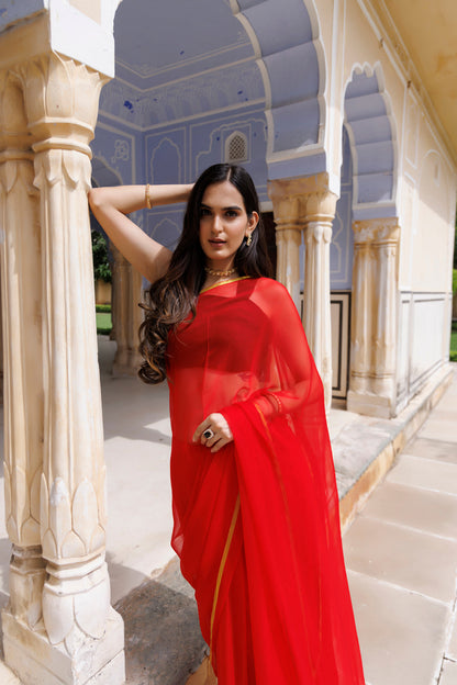 Women's Red Hand Dyed Chiffon Saree With Jacquard Blouse