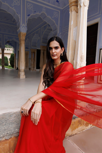 Women's Red Hand Dyed Chiffon Saree With Jacquard Blouse