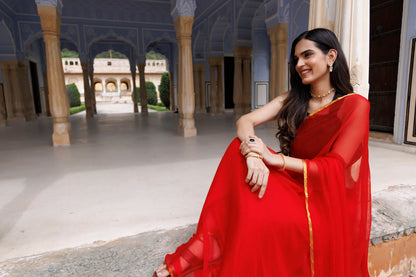 Women's Red Hand Dyed Chiffon Saree With Jacquard Blouse