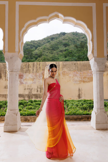 Women's Multi Shaded Hand Dyed Plain Chiffon Saree With Jacquard Blouse