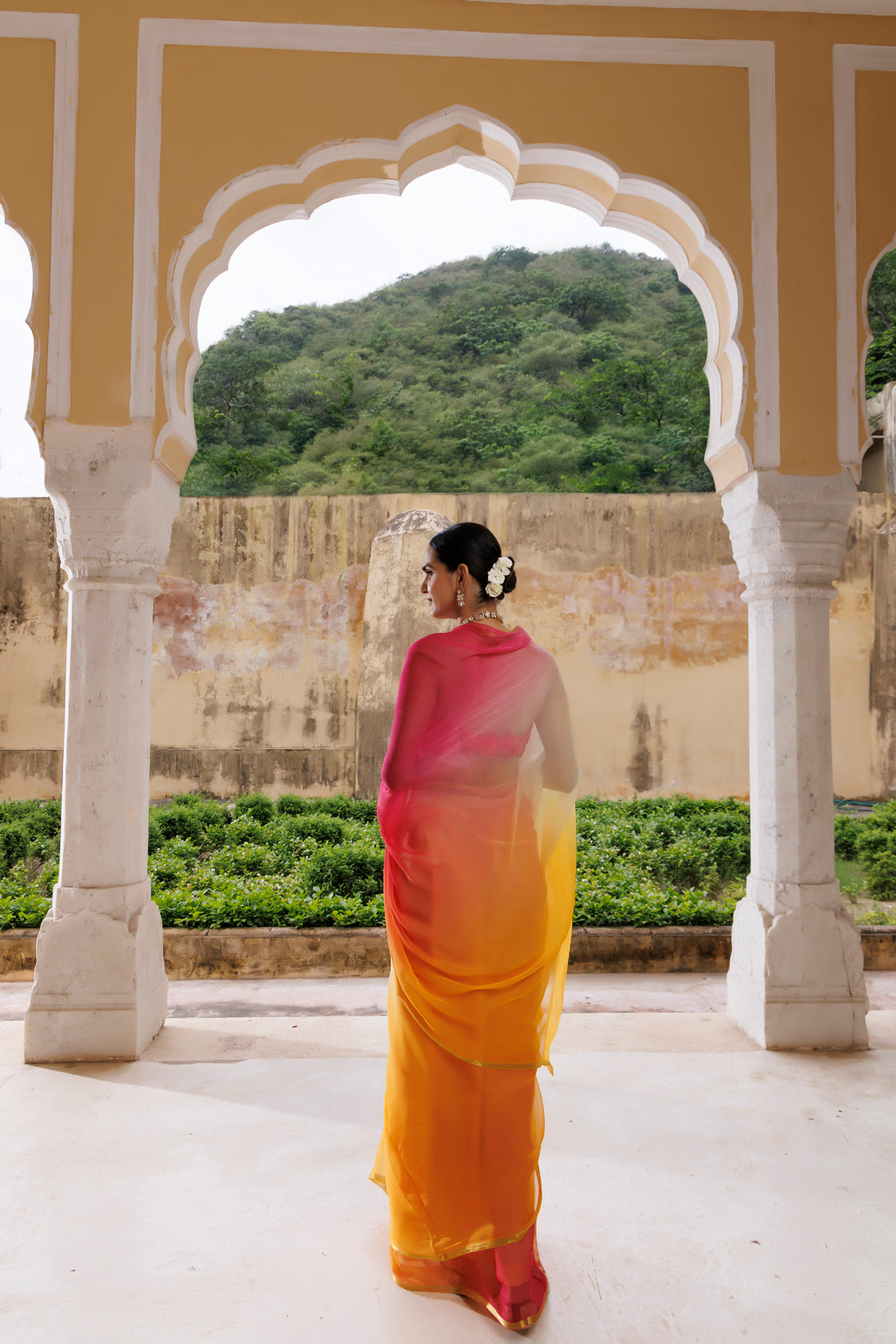Women's Multi Shaded Hand Dyed Plain Chiffon Saree With Jacquard Blouse
