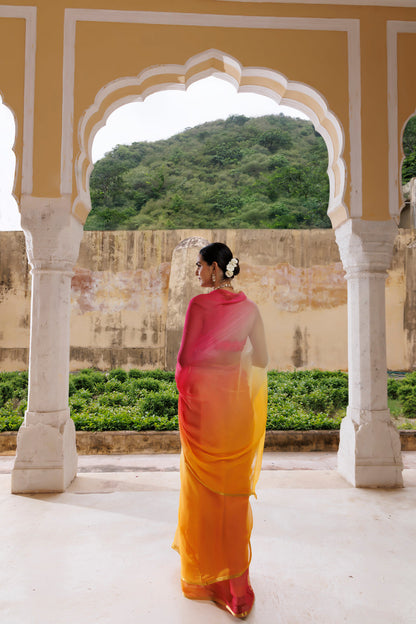 Women's Multi Shaded Hand Dyed Plain Chiffon Saree With Jacquard Blouse