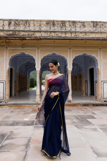 Women's Navy Blue Hand Dyed Chiffon Saree With Jacquard Blouse