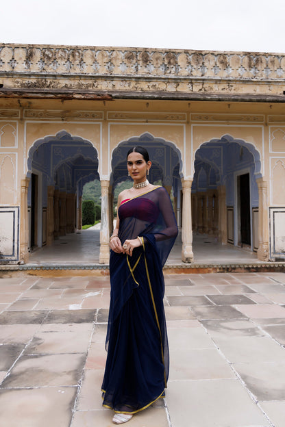 Women's Navy Blue Hand Dyed Chiffon Saree With Jacquard Blouse