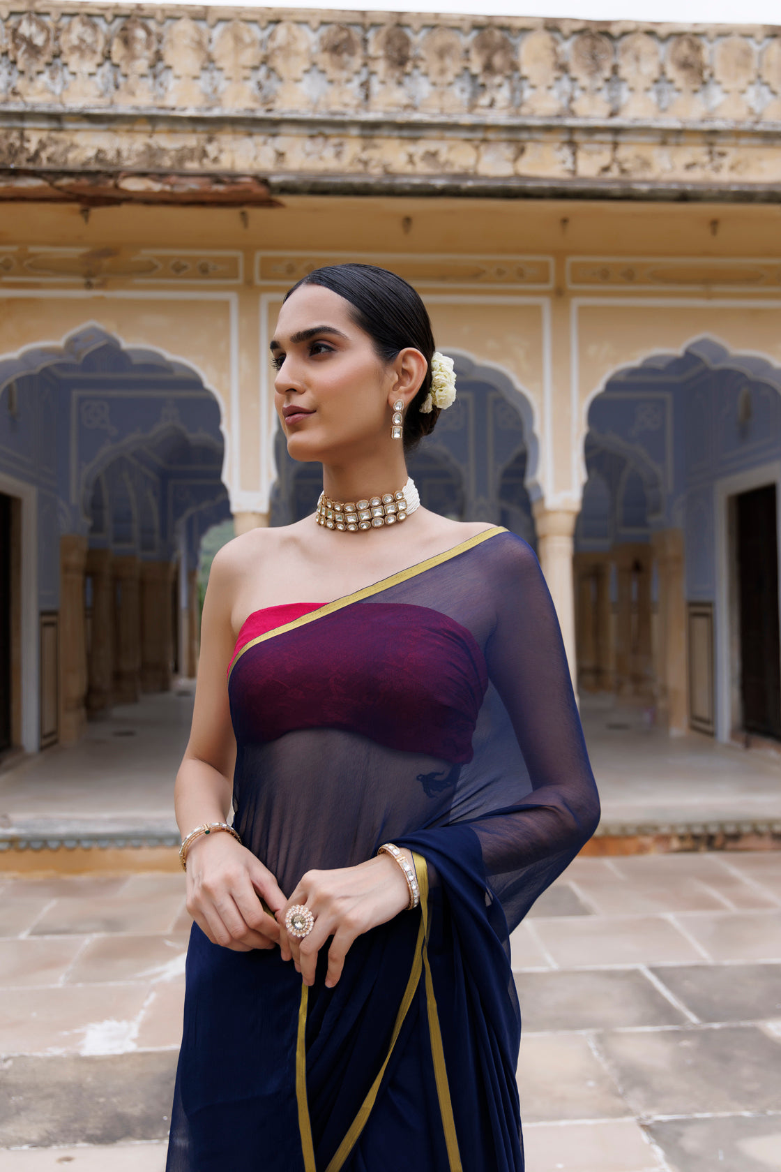 Women's Navy Blue Hand Dyed Chiffon Saree With Jacquard Blouse