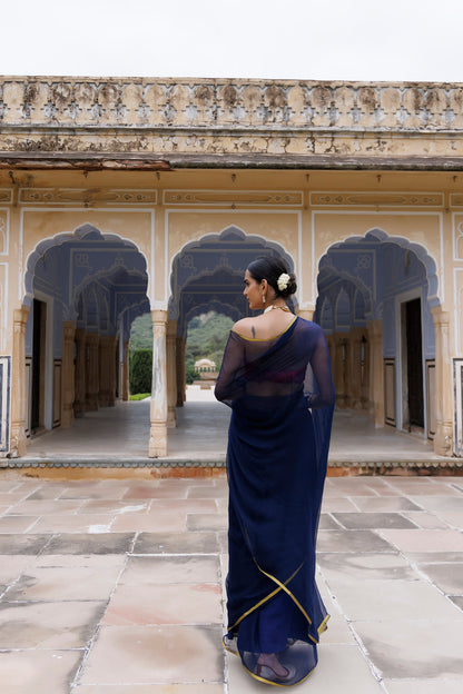 Women's Navy Blue Hand Dyed Chiffon Saree With Jacquard Blouse