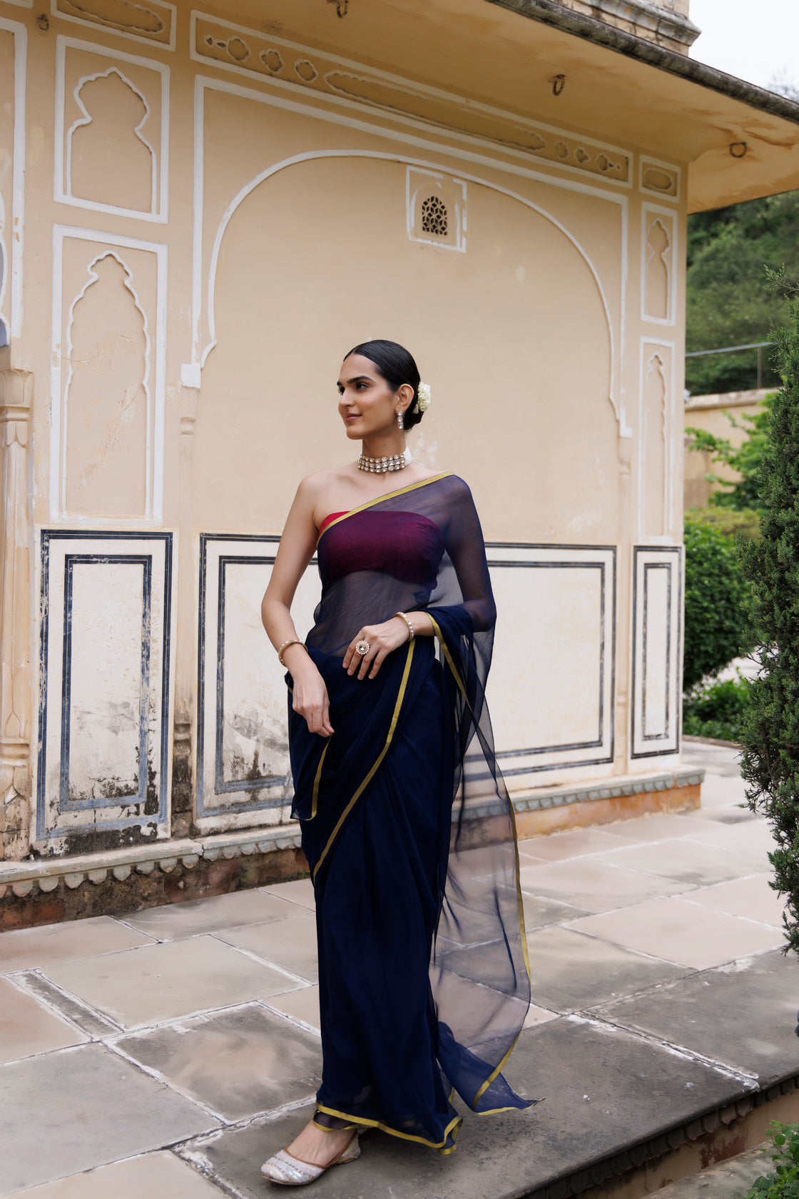 Women's Navy Blue Hand Dyed Chiffon Saree With Jacquard Blouse