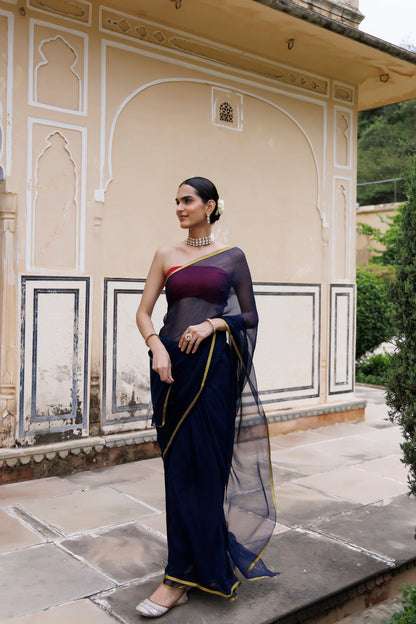 Women's Navy Blue Hand Dyed Chiffon Saree With Jacquard Blouse