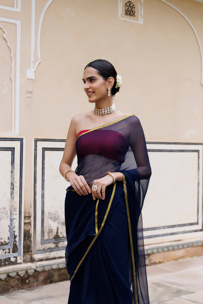 Women's Navy Blue Hand Dyed Chiffon Saree With Jacquard Blouse