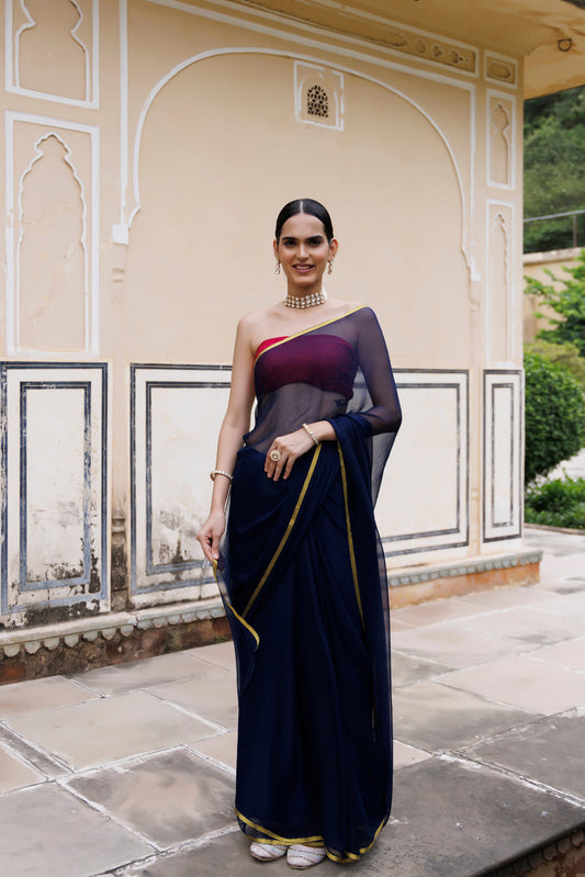 Women's Navy Blue Hand Dyed Chiffon Saree With Jacquard Blouse