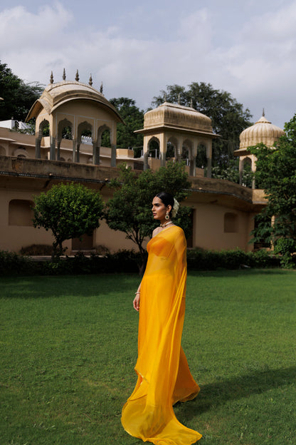 Women's Yellow Hand Dyed Chiffon Saree With Jacquard Blouse