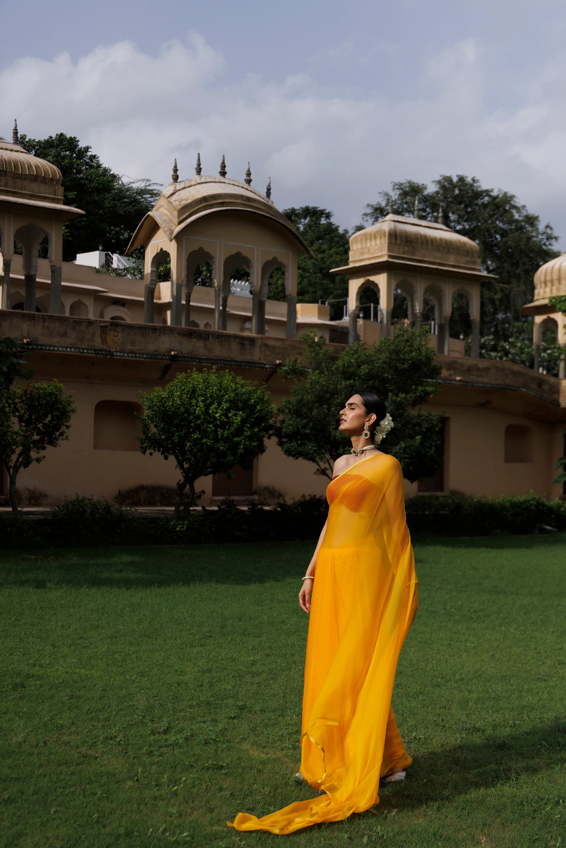 Women's Yellow Hand Dyed Chiffon Saree With Jacquard Blouse