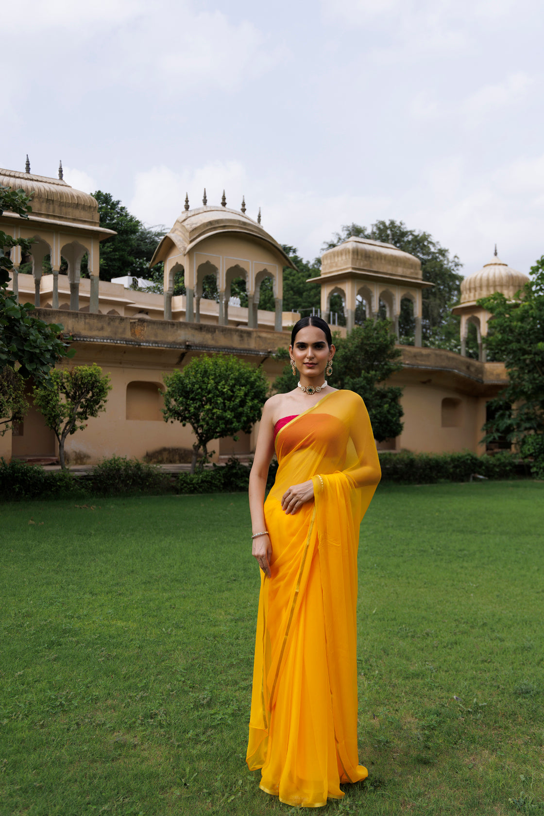 Women's Yellow Hand Dyed Chiffon Saree With Jacquard Blouse