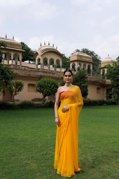 Women's Yellow Hand Dyed Chiffon Saree With Jacquard Blouse