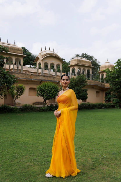 Women's Yellow Hand Dyed Chiffon Saree With Jacquard Blouse