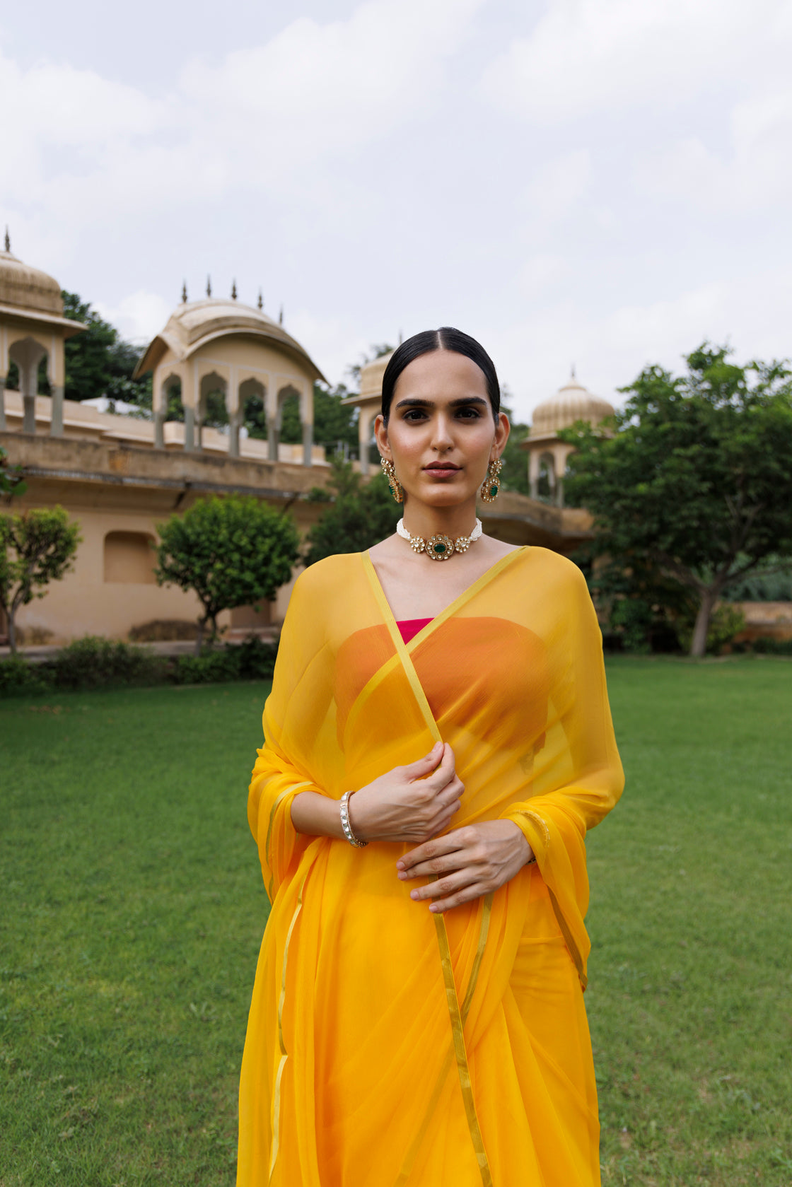 Women's Yellow Hand Dyed Chiffon Saree With Jacquard Blouse
