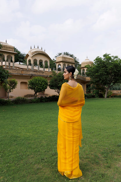 Women's Yellow Hand Dyed Chiffon Saree With Jacquard Blouse