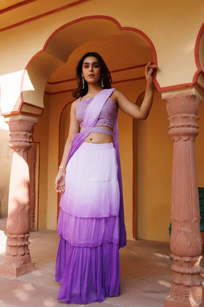 Women's Purple Ombre Ruffled Chiffon Saree Ready To Wear With Stitched Blouse