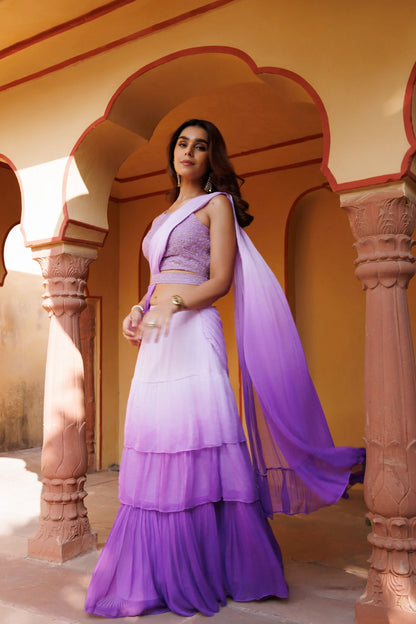 Women's Purple Ombre Ruffled Chiffon Saree Ready To Wear With Stitched Blouse