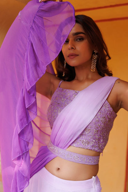 Women's Purple Ombre Ruffled Chiffon Saree Ready To Wear With Stitched Blouse