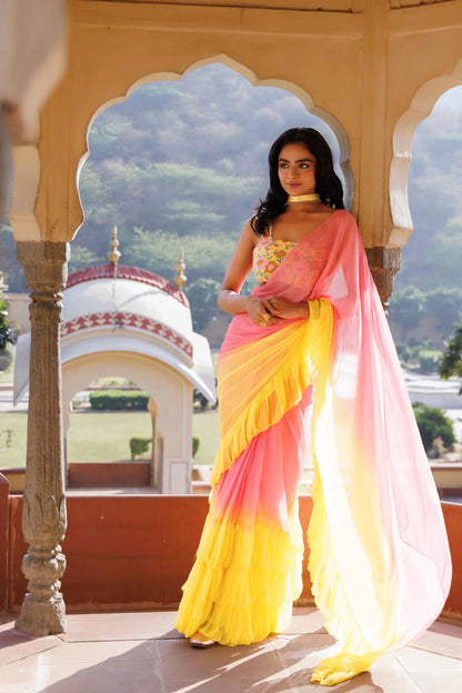 Women's Yellow Pink Pre Draped Ruffled Ombre Chiffon Saree