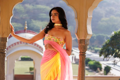 Women's Yellow Pink Pre Draped Ruffled Ombre Chiffon Saree