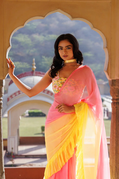 Women's Yellow Pink Pre Draped Ruffled Ombre Chiffon Saree