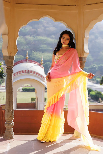Women's Yellow Pink Pre Draped Ruffled Ombre Chiffon Saree