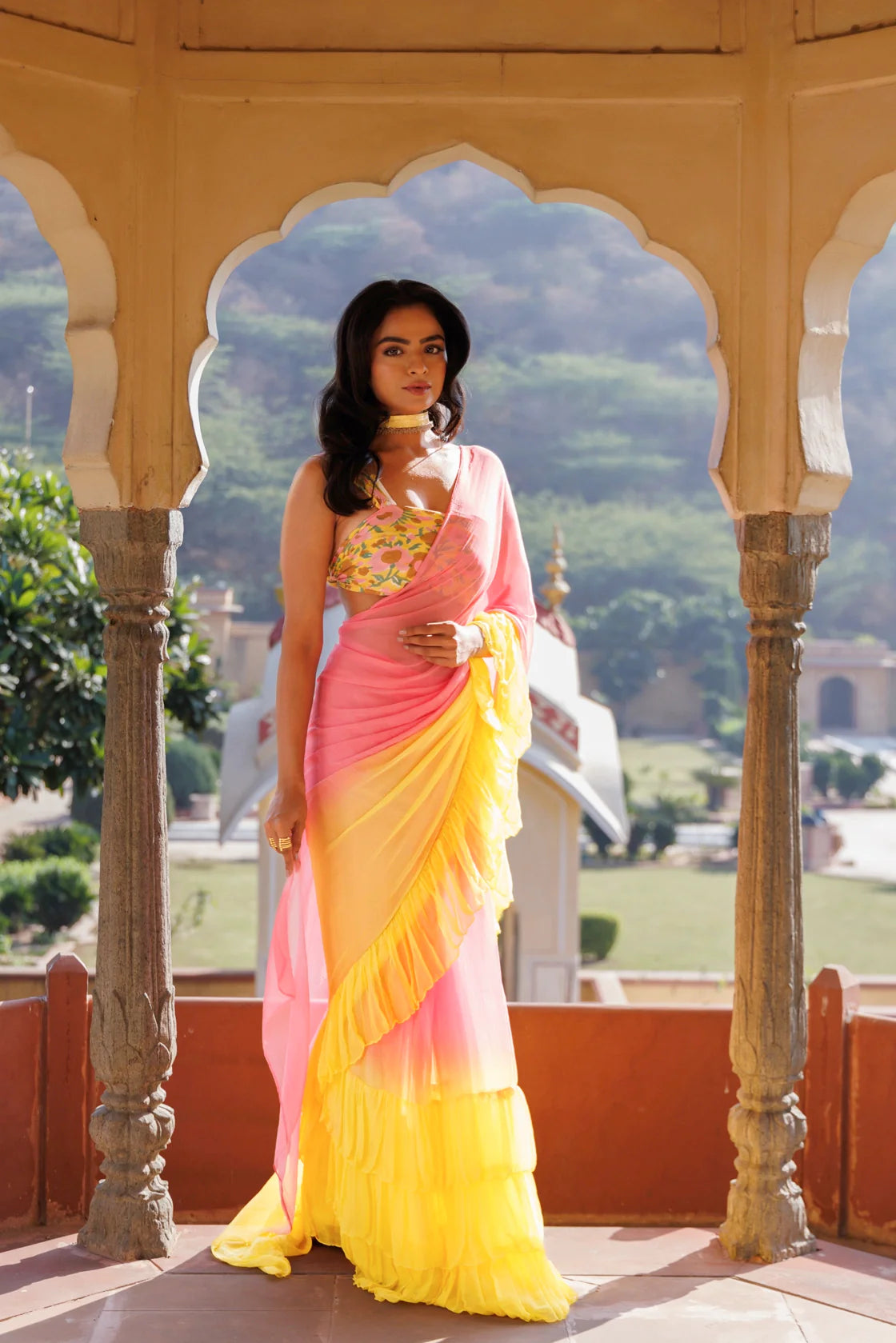 Women's Yellow Pink Pre Draped Ruffled Ombre Chiffon Saree