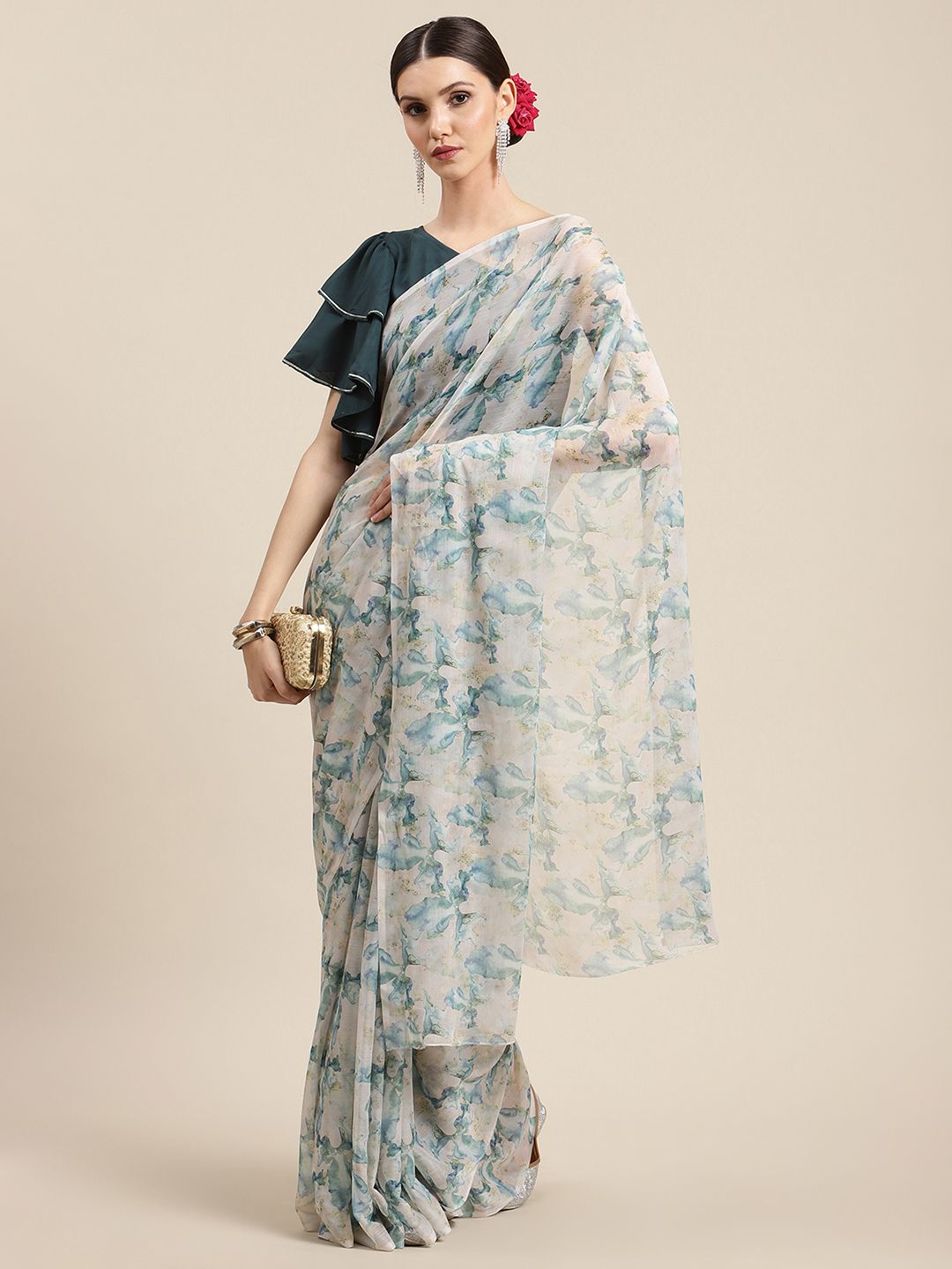 Women's Off White Chiffon Abstract Digital Print Saree