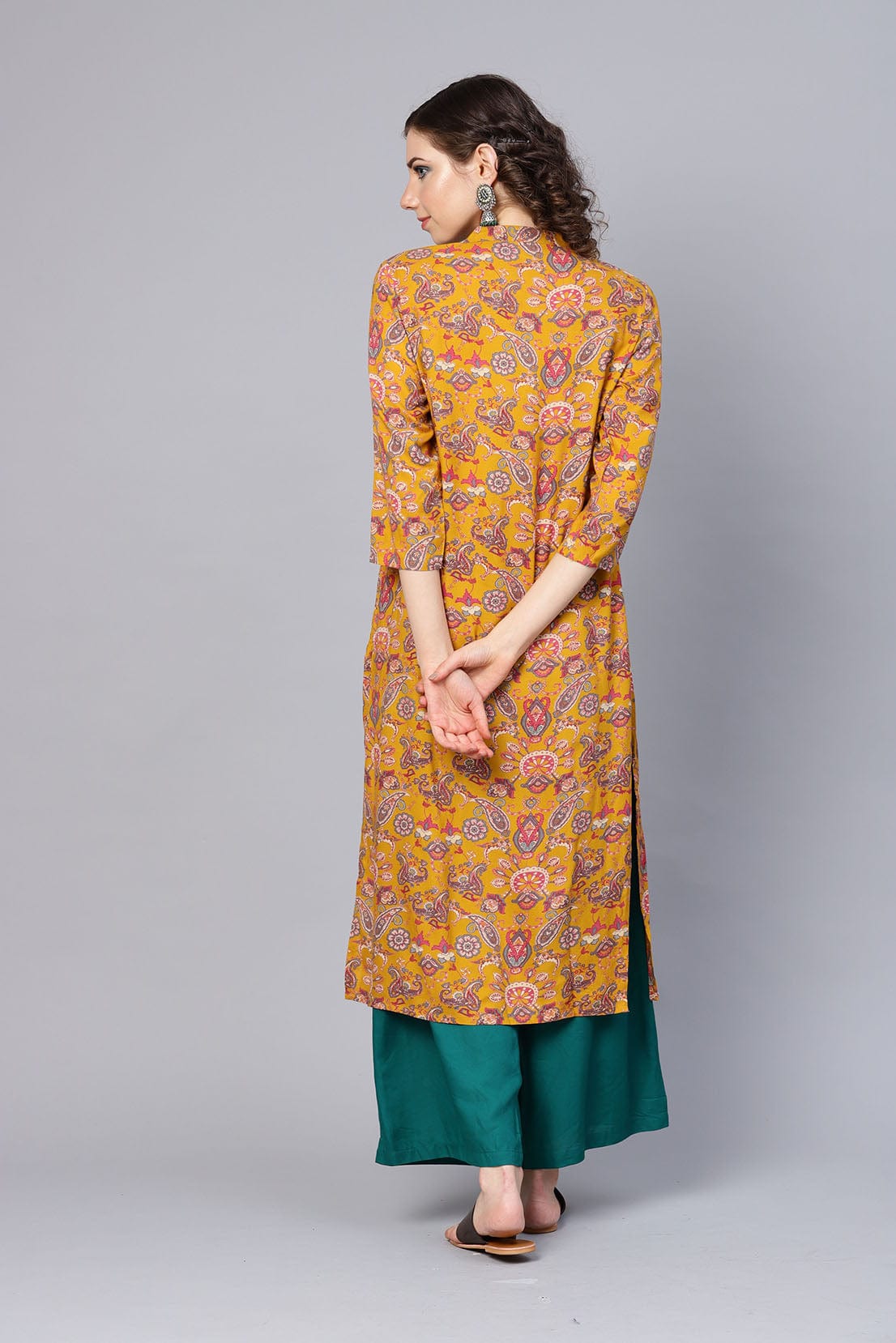 Women's Mustard Brown & Green Printed Straight Kurta