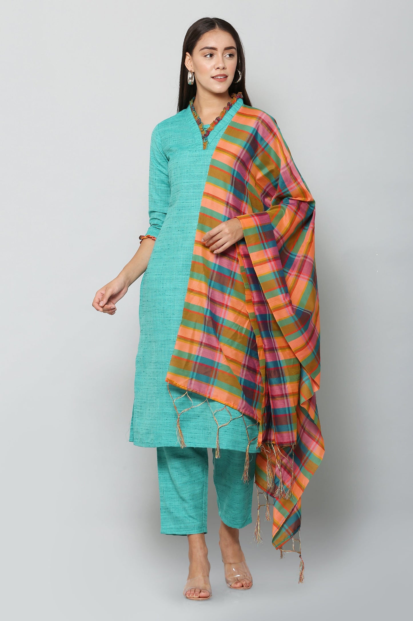 Women's Turquoise Color Cotton Blend Solid Kurta Pant Set With Dupatta