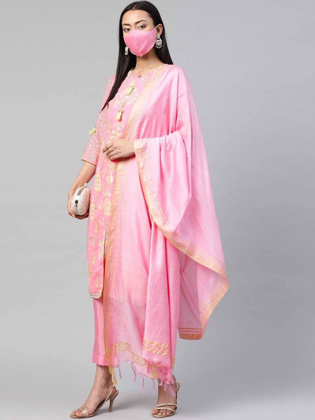 Women's Pink A-Line Printed Kurta Pant & Dupatta Set with Mask