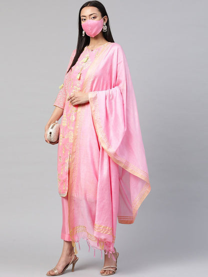 Women's Pink A-Line Printed Kurta Pant & Dupatta Set with Mask