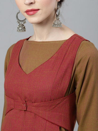 Women's  Olive Green & Maroon Solid A-Line Kurta