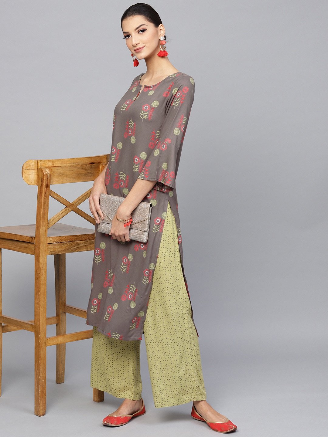 Women's  Taupe & Green Printed Kurta with Palazzos