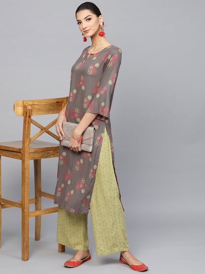 Women's  Taupe & Green Printed Kurta with Palazzos