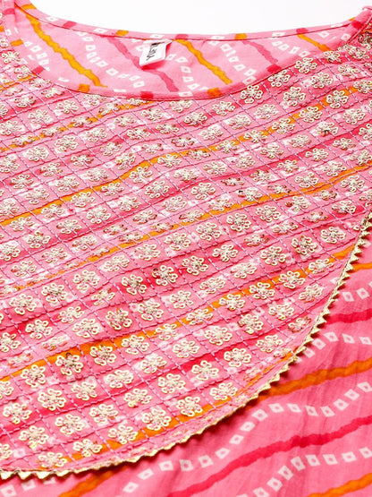 Women's Pink Bandhani Yoke Design Kurta Set