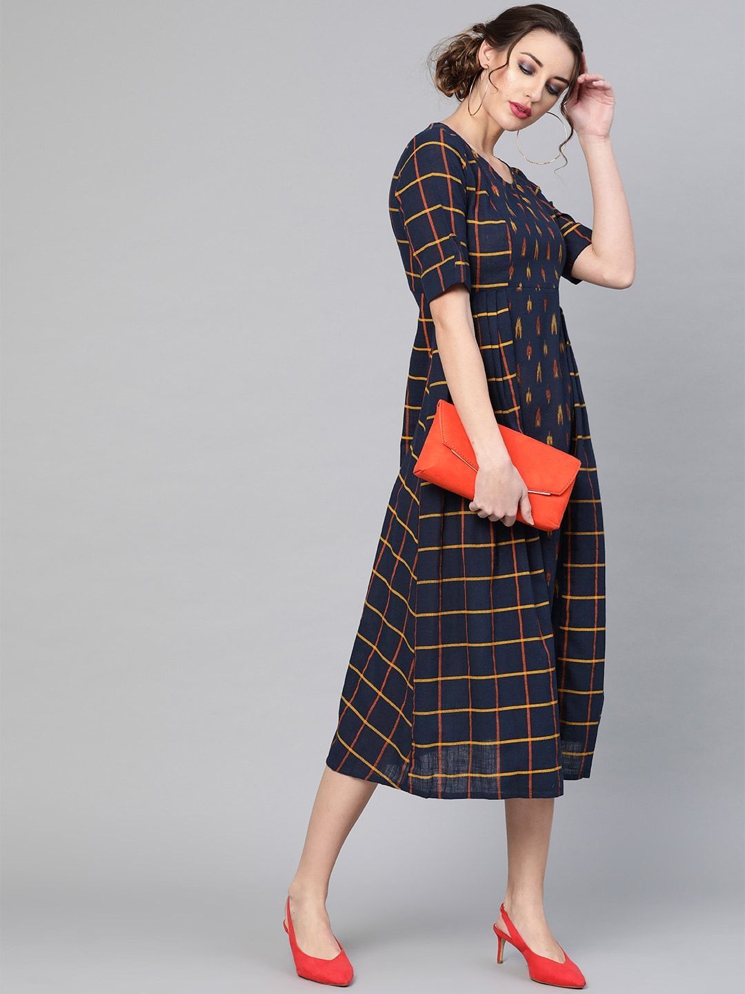 Women's  Navy Blue & Orange Printed A-Line Dress