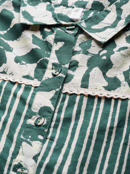Women's  Green & Beige Striped Shirt A-Line Kurta