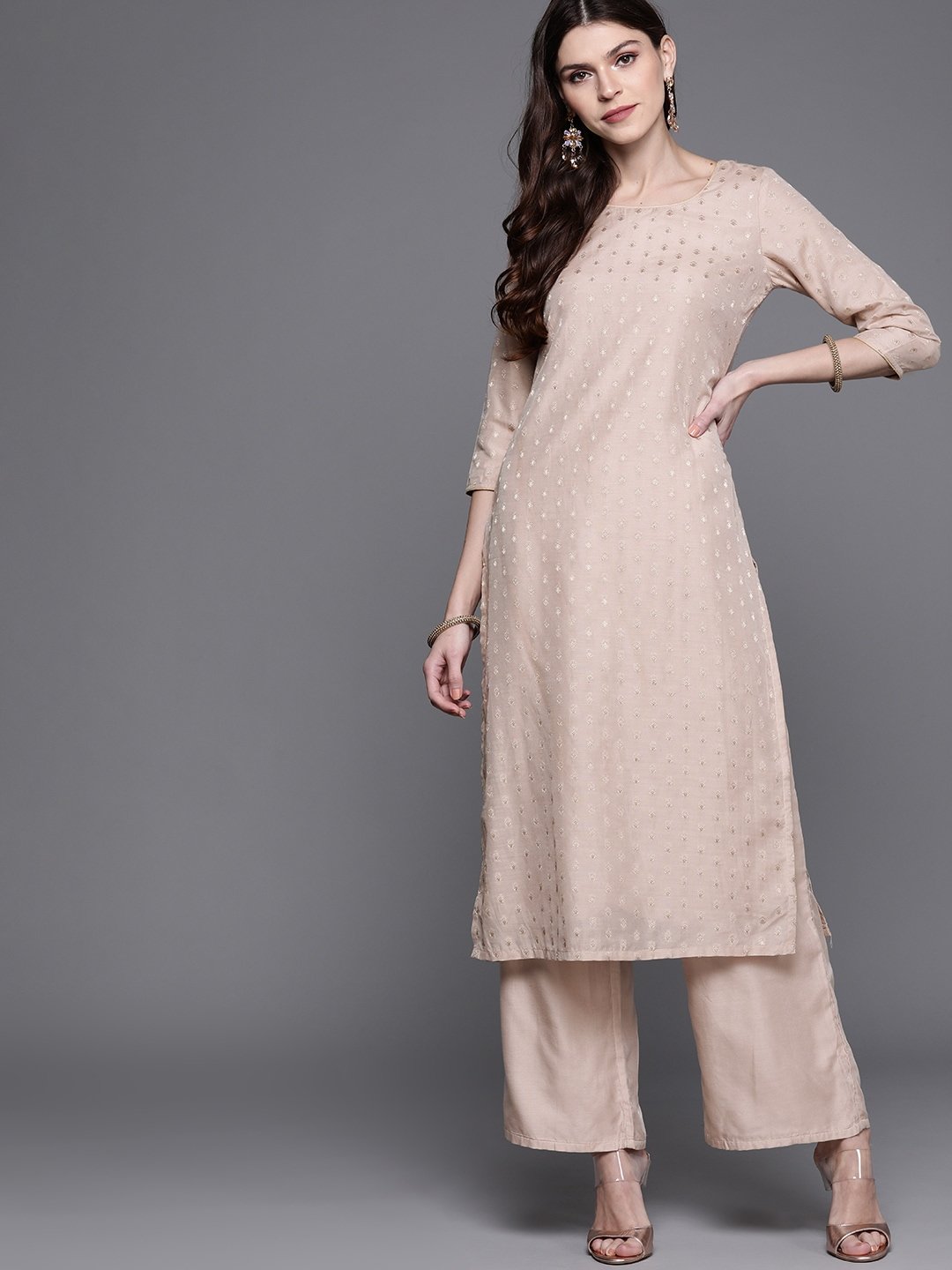 Women's  Dusty Pink & Golden Woven Design Kurta with Palazzos