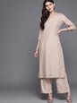 Women's  Dusty Pink & Golden Woven Design Kurta with Palazzos